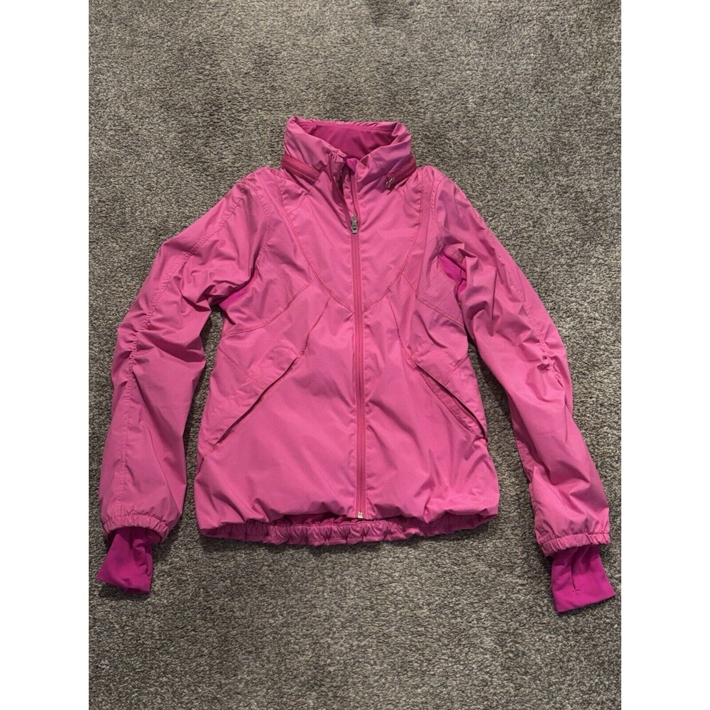 Lululemon Hustle Jacket Size 4 Pink Microstripe Full Zip Packable Hood Thumholes
